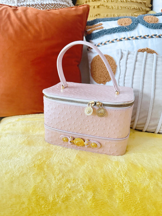 VERSACE VINTAGE 100% Authentic Genuine Ostrich Leather Makeup Case Bag, Pastel Pink, 1990's, Great Condition, Grade AB