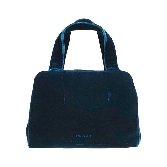 PRADA VINTAGE, 100% Authentic Genuine, Velvet Double Handle Hand Bag, Deep Blue, 1990's, Great Condition, Rare, Grade AB