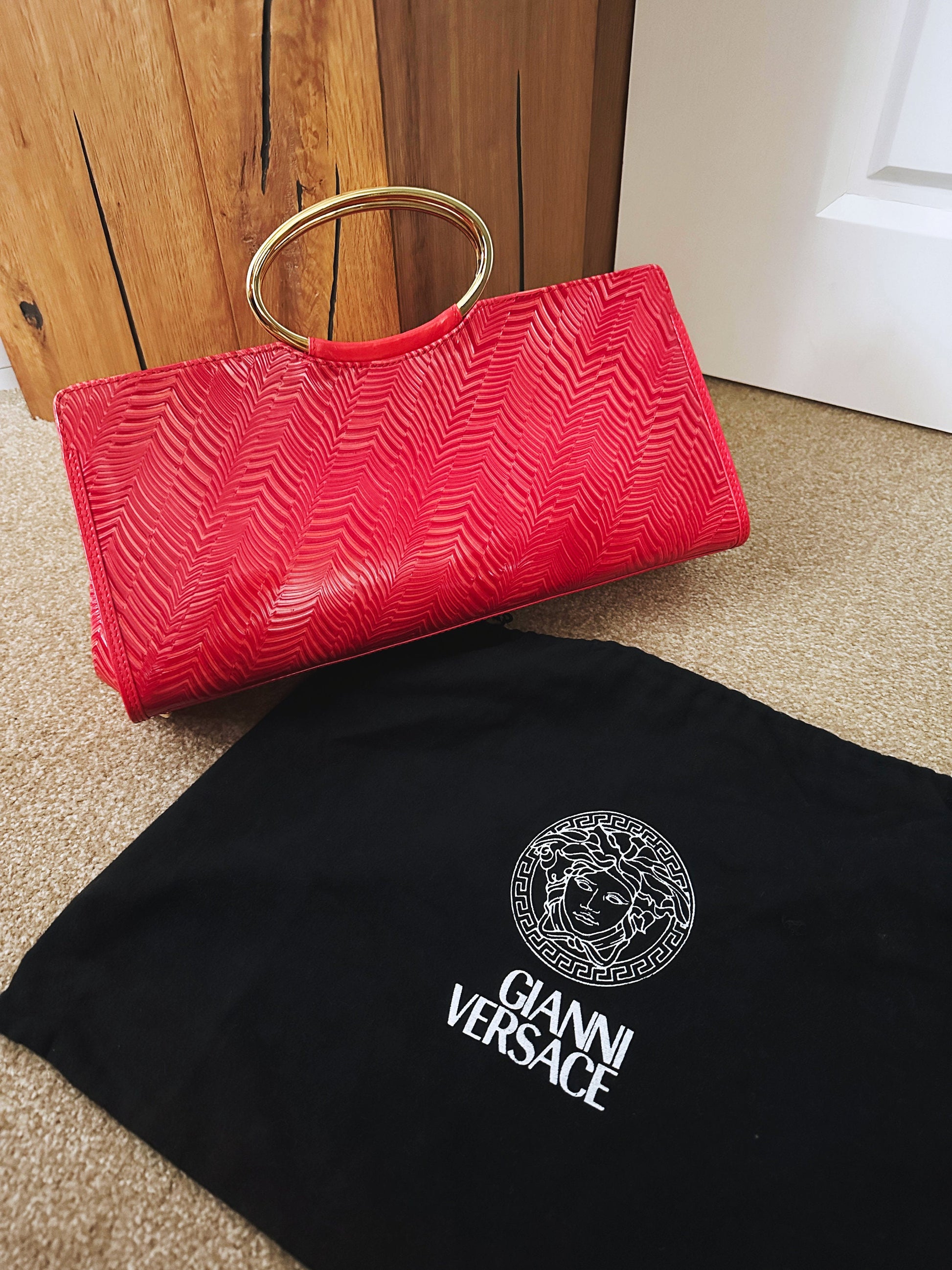 Like New! VERSACE VINTAGE 100% Authentic Genuine, Patent Leather Double Gold Hardware Handle Handbag, Red, late 90's, Grade A