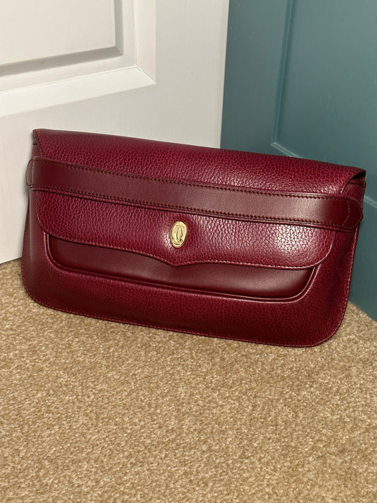CARTIER VINTAGE 100% Authentic Genuine, Must de Cartier Leather Clutch Bag, Dark Red 1990's, Great Condition, Grade AB