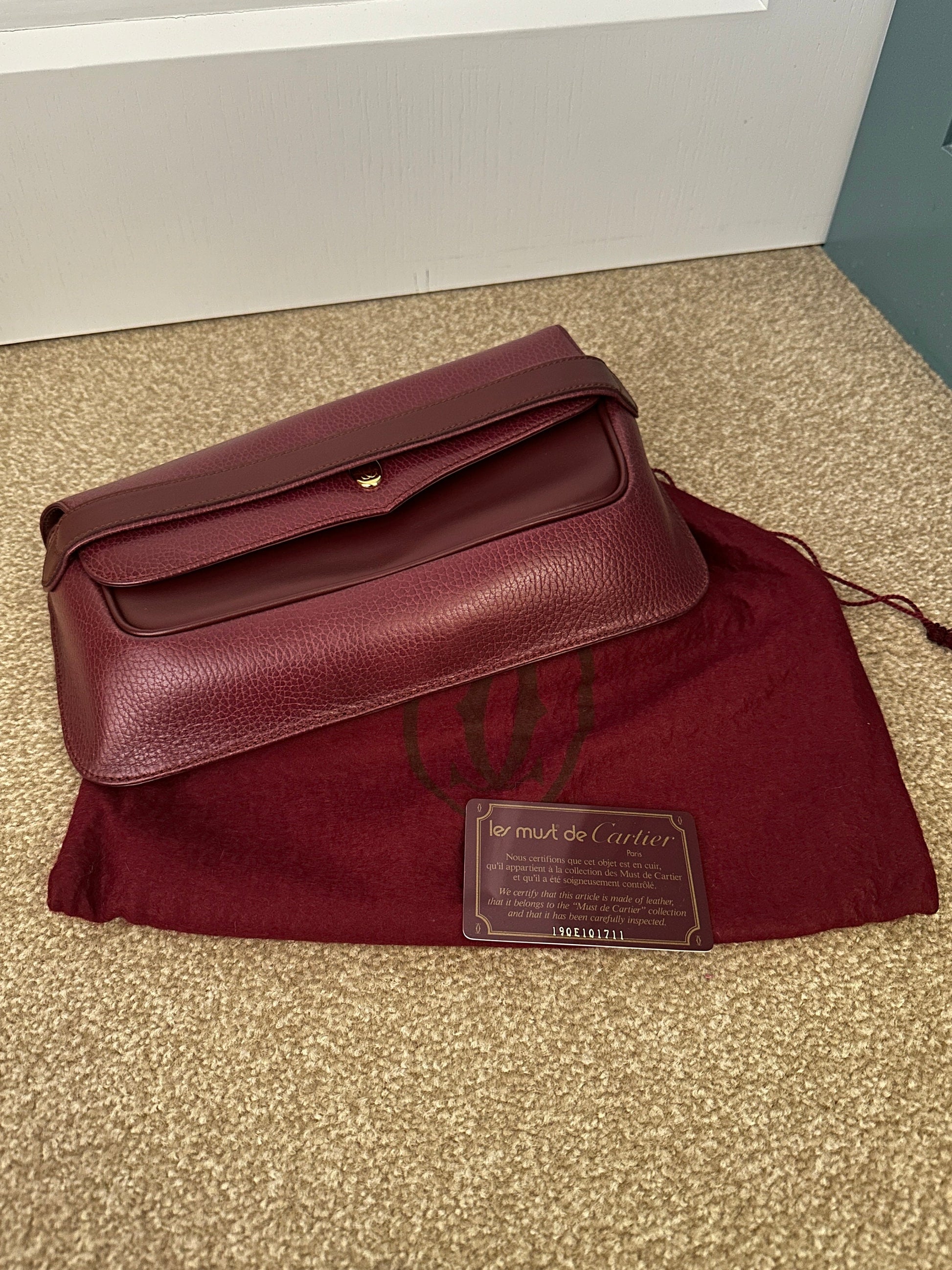 CARTIER VINTAGE 100% Authentic Genuine, Must de Cartier Leather Clutch Bag, Dark Red 1990's, Great Condition, Grade AB