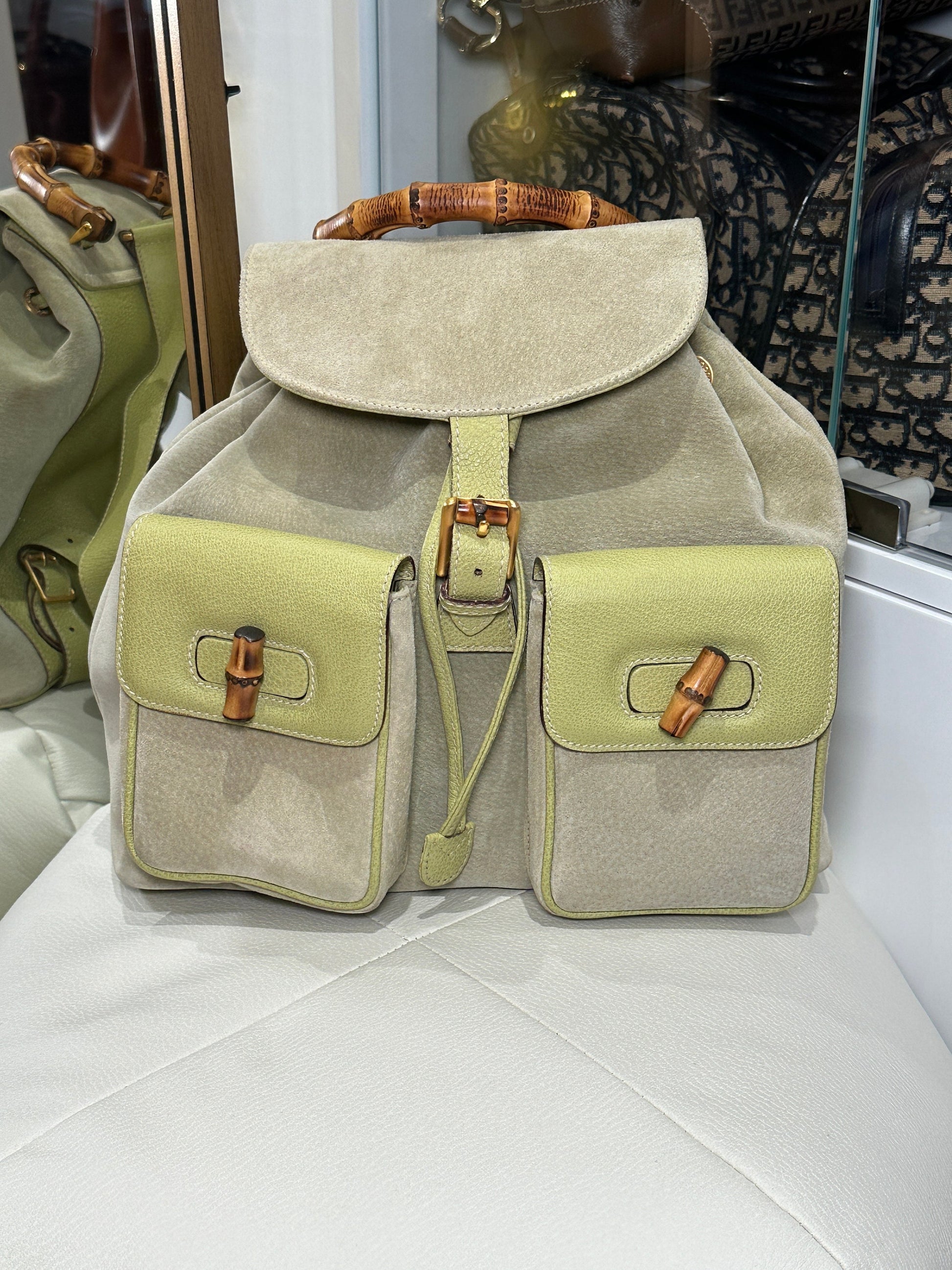 GUCCI VINTAGE 100% Authentic Genuine Suede Iconic Bamboo Handle Backpack, Light Sage Green, 2000's, Good Condition