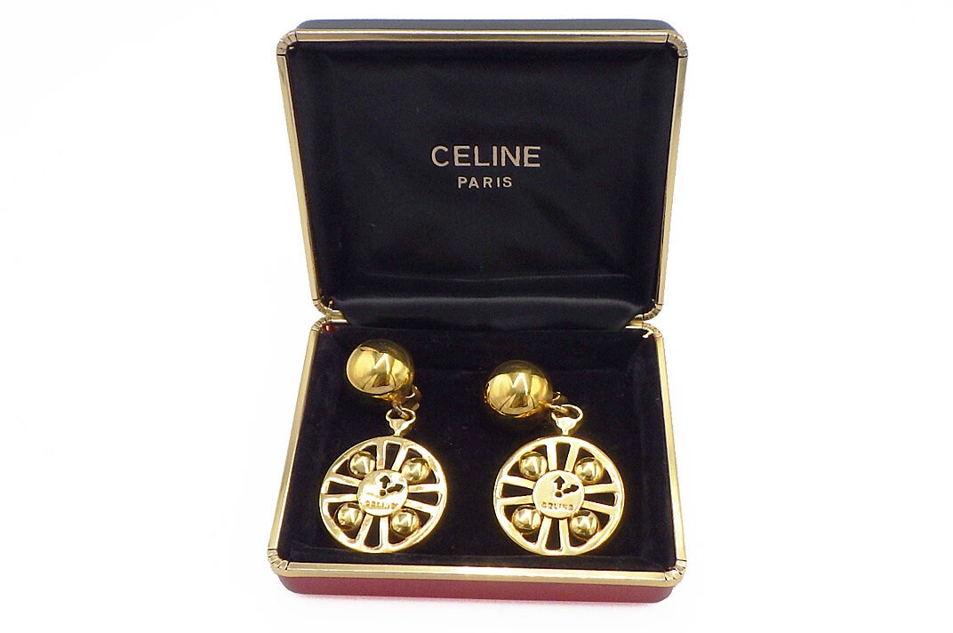 CELINE VINTAGE, 100% Authentic Genuine, Clipped On Earrings, Gold, 1990's, with Box, Grade AB