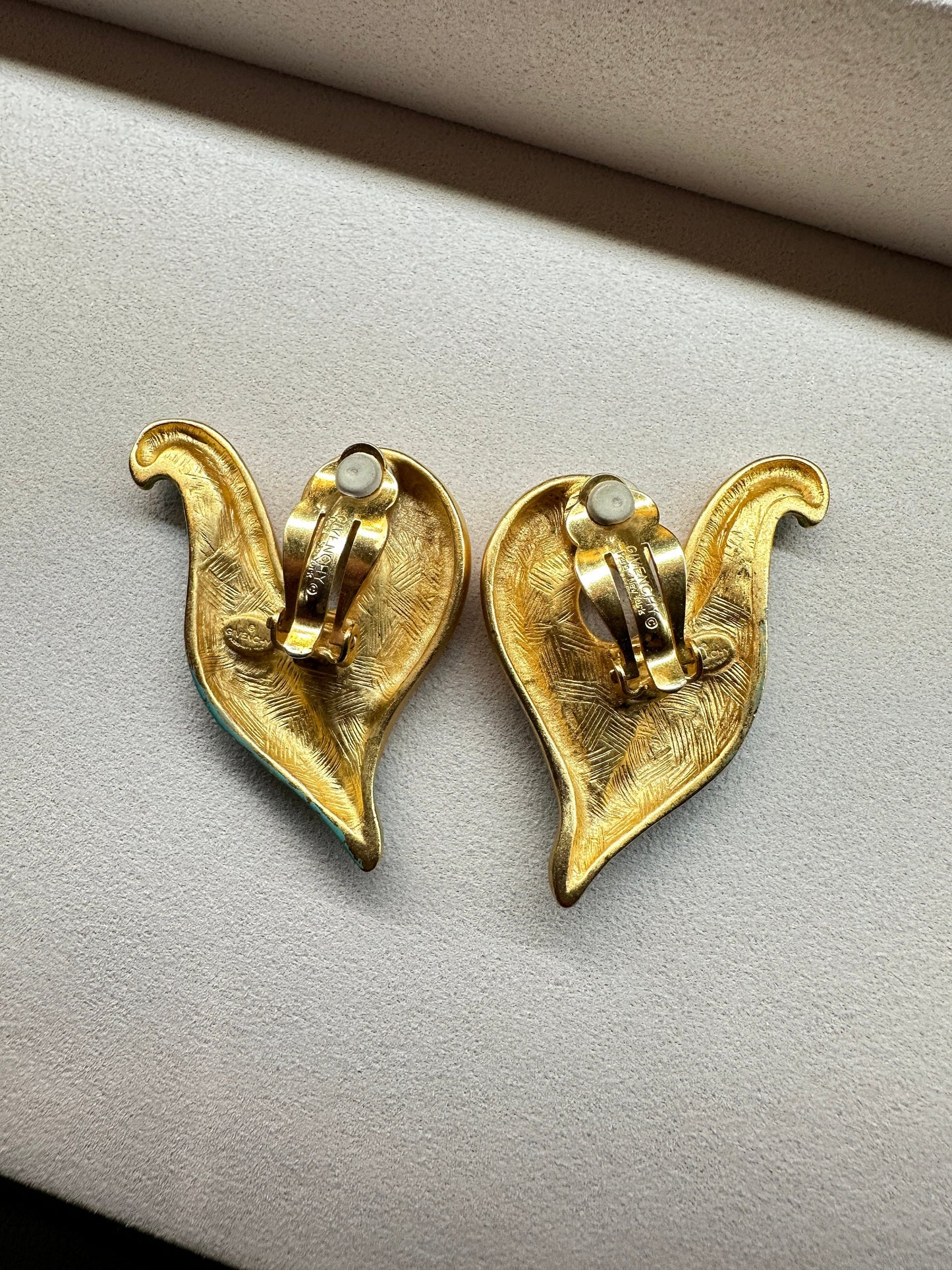 GIVENCHY VINTAGE, 100% Authentic Genuine, Clipped On Earrings, Light Teal and Gold, 1990's, Grade AB