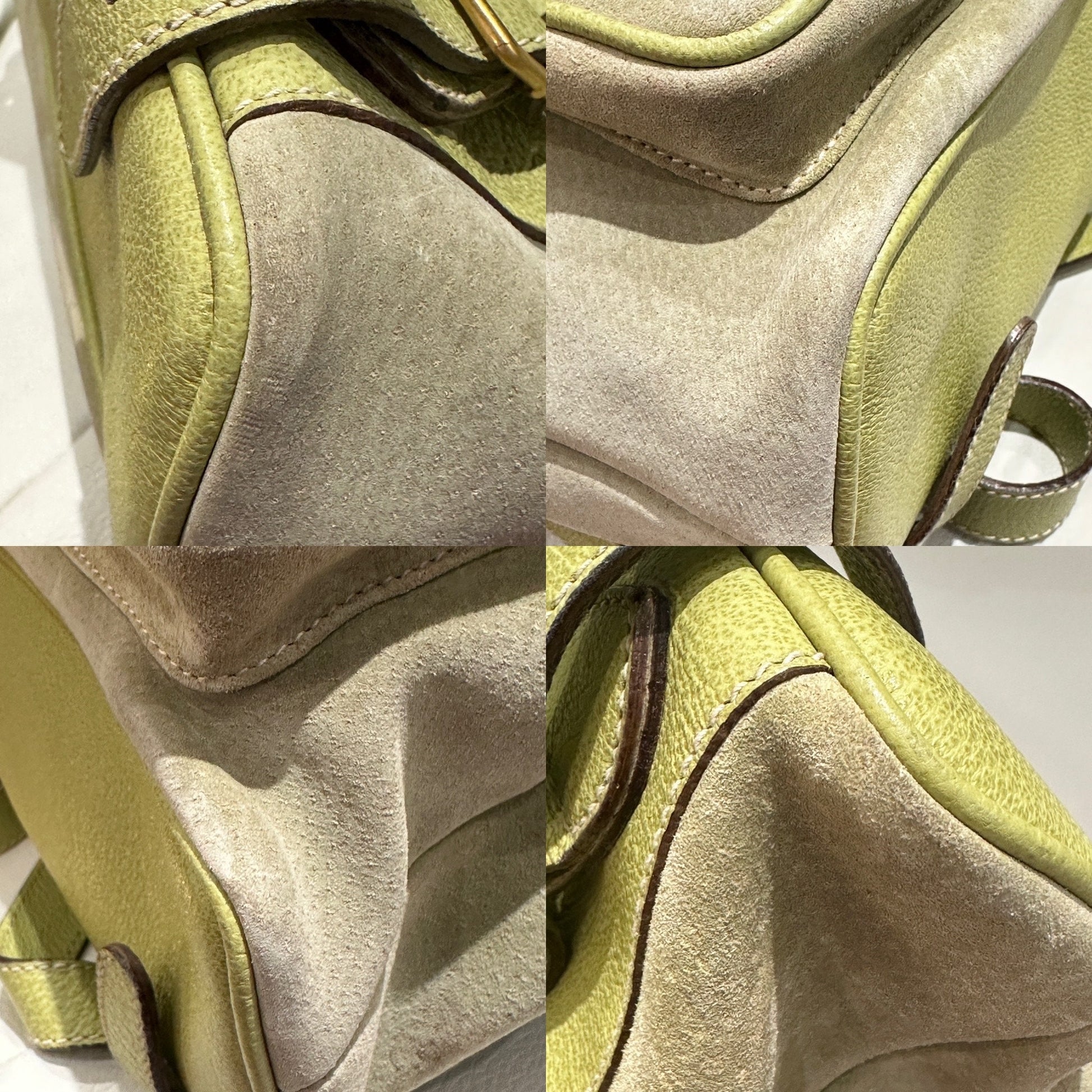 GUCCI VINTAGE 100% Authentic Genuine Suede Iconic Bamboo Handle Backpack, Light Sage Green, 2000's, Good Condition