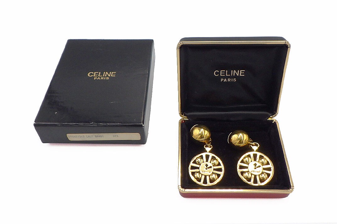 CELINE VINTAGE, 100% Authentic Genuine, Clipped On Earrings, Gold, 1990's, with Box, Grade AB