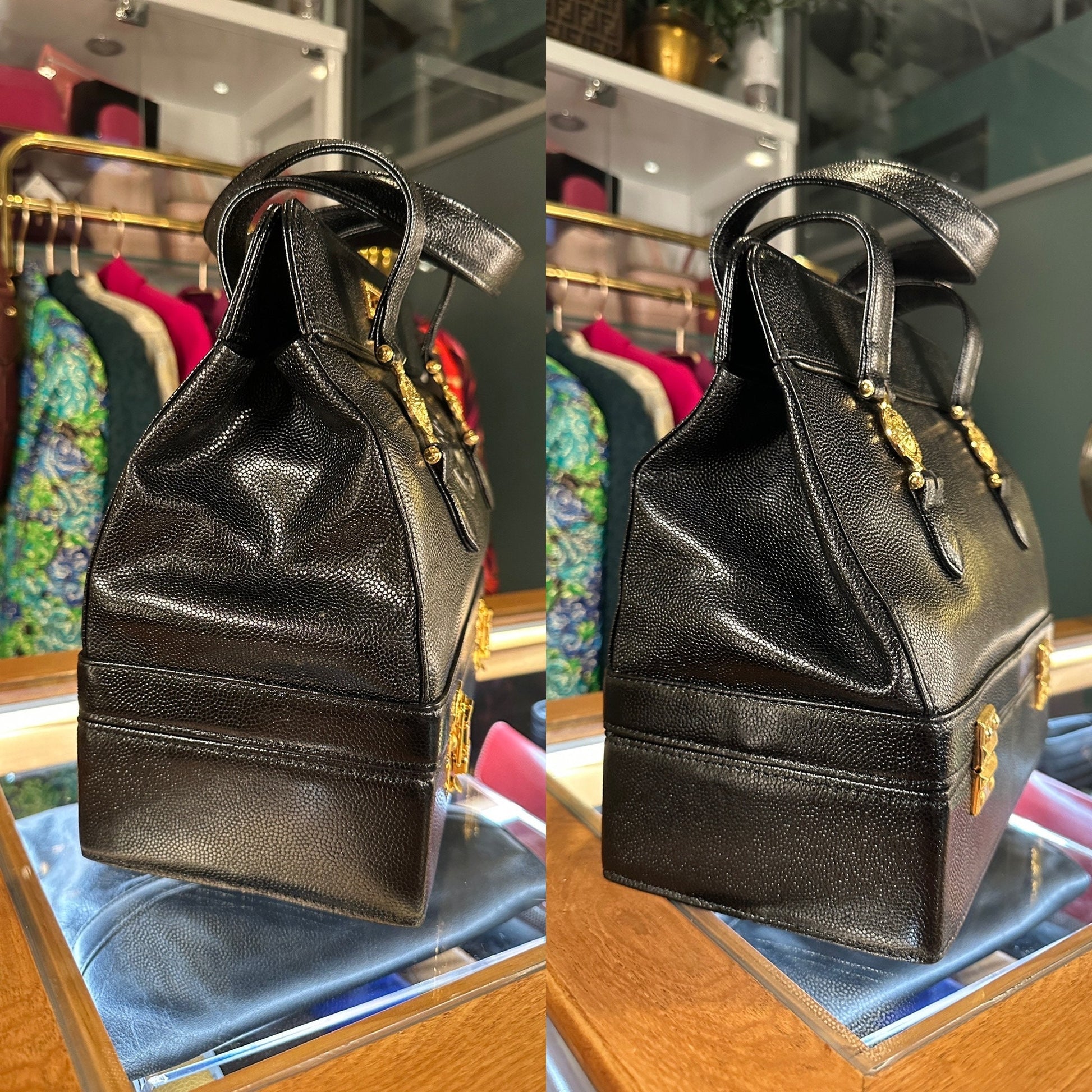 GIANNI VERSACE VINTAGE 100% Authentic Genuine Leather Two Tier Vanity Case Doctor Bag, Black, 1990's, Good Condition, Dust Bag Included