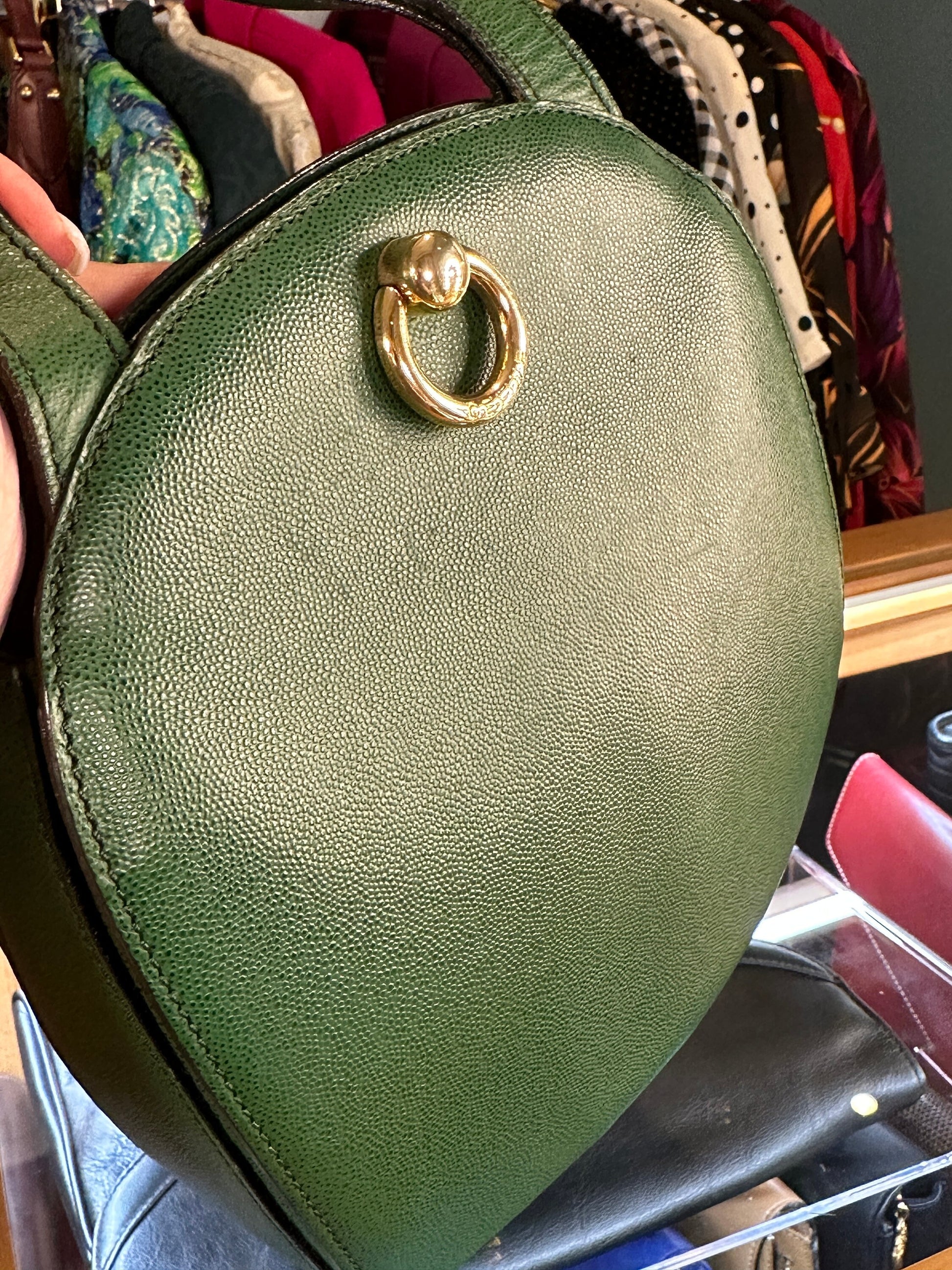 CELINE VINTAGE 100% Authentic Genuine, Leather Double Strap Shoulder Bag, Green, late 90's, Great Condition