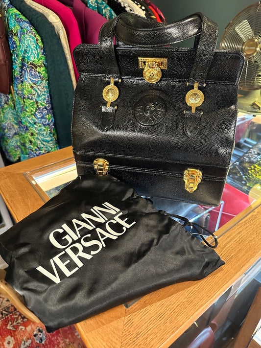 GIANNI VERSACE VINTAGE 100% Authentic Genuine Leather Two Tier Vanity Case Doctor Bag, Black, 1990's, Good Condition, Dust Bag Included