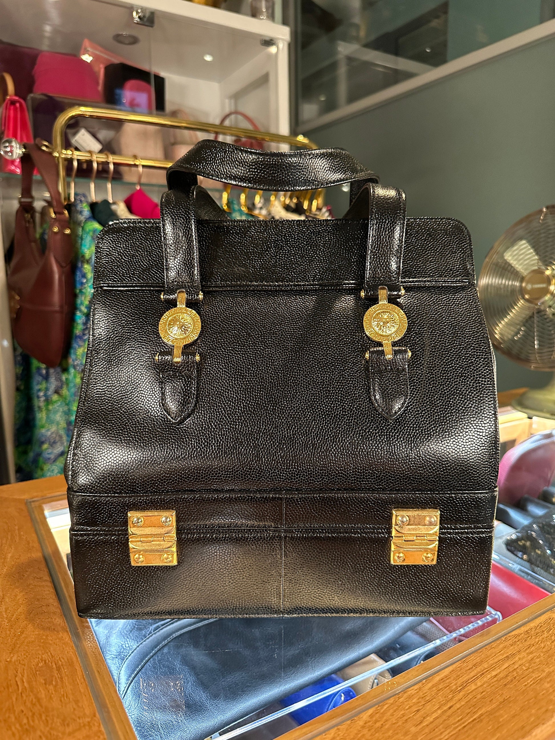 GIANNI VERSACE VINTAGE 100% Authentic Genuine Leather Two Tier Vanity Case Doctor Bag, Black, 1990's, Good Condition, Dust Bag Included