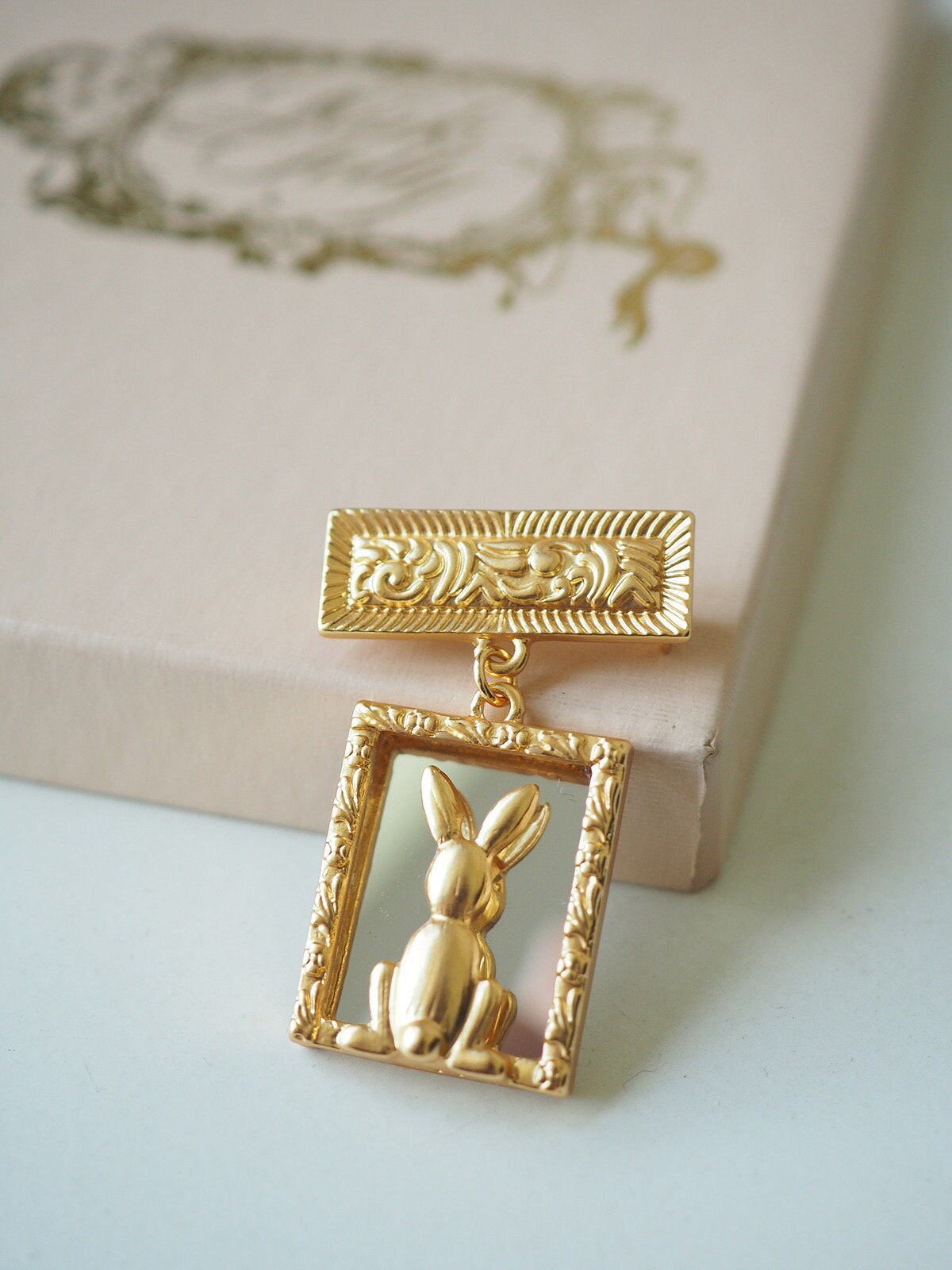 EUROPEAN VINTAGE 100% Authentic Genuine Rabbit with Mirror Brooch in Gold, 1990's