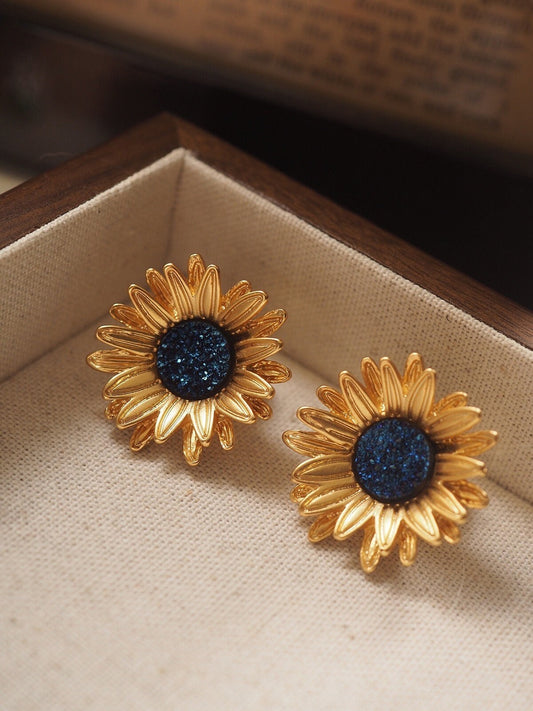 EUROPEAN VINTAGE 100% Authentic Genuine, Sunflower Clip On Earrings in Gold and Black