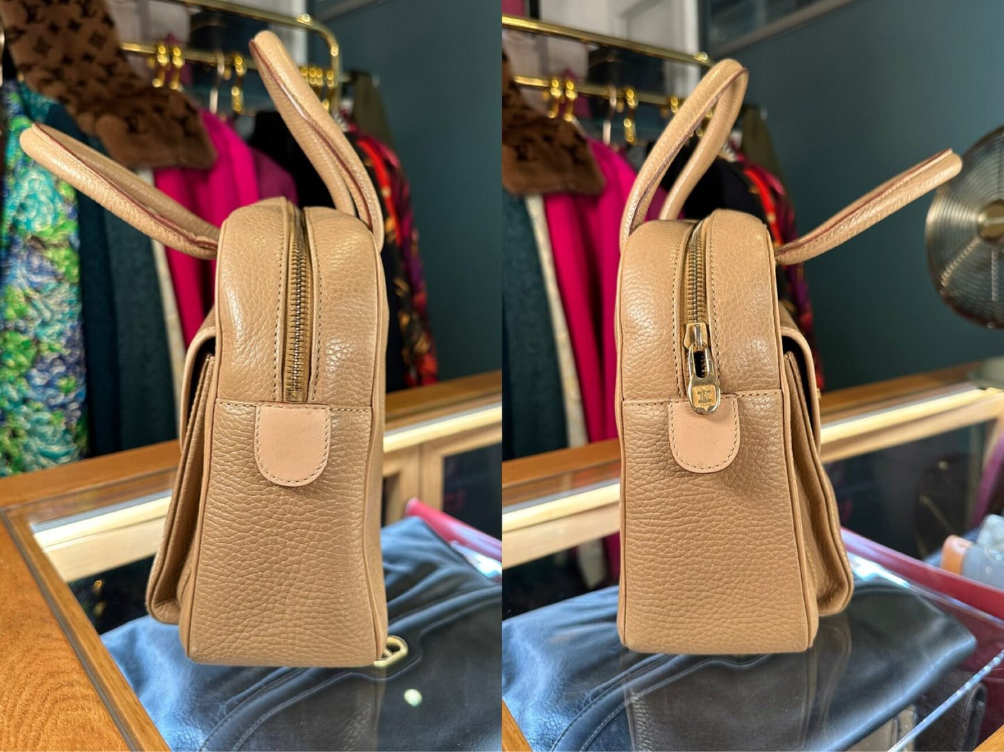 CELINE VINTAGE 100% Authentic Genuine Leather Double Handle Hand Bag, Oat Beige Colour, Late 1990 - Early 2000's, Great Condition