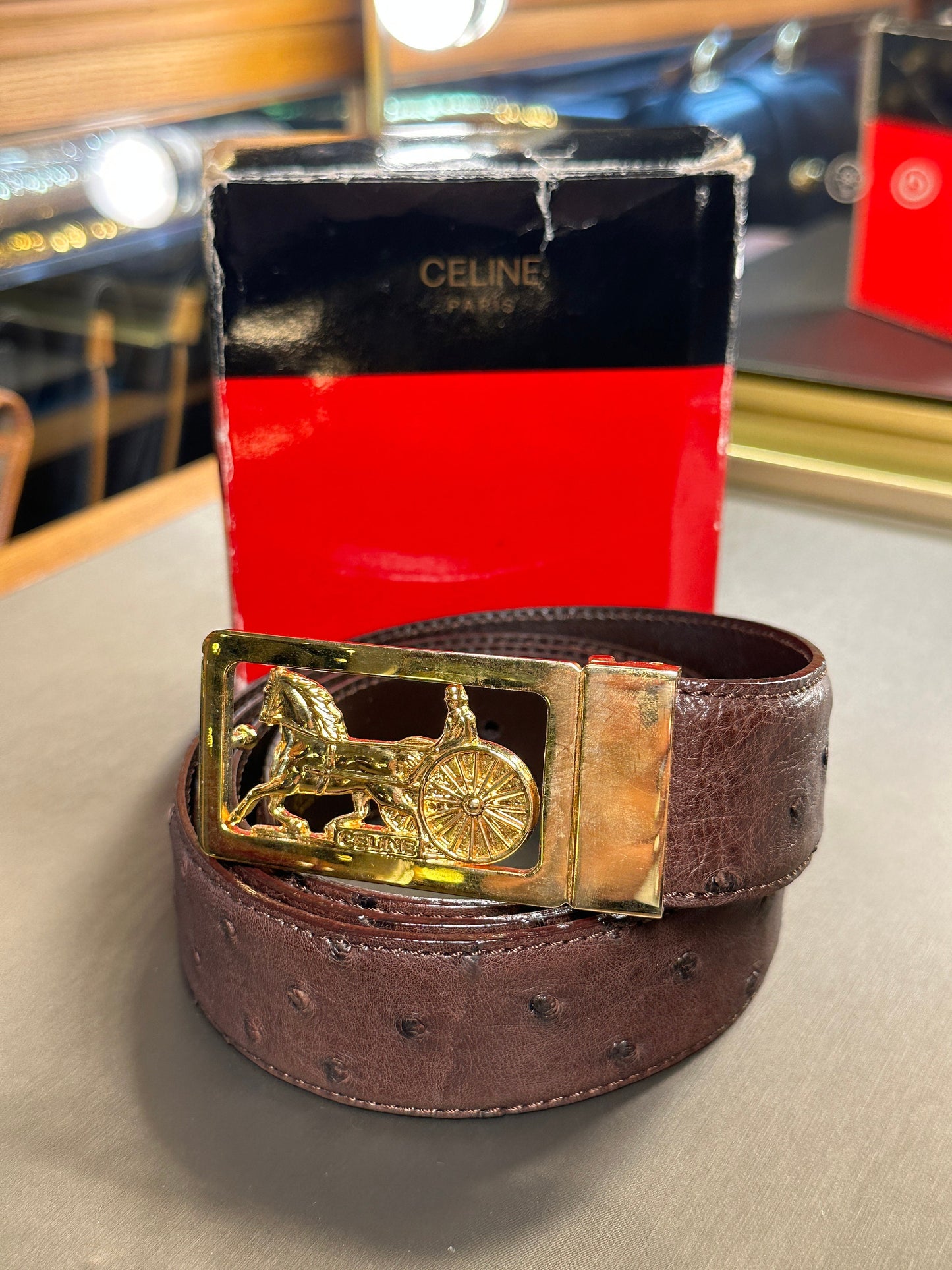 CELINE VINTAGE, 100% Authentic Genuine Ostrich Leather Carriage Buckle Waist Belt, Brown, Great Condition with Original Box, Made In Italy