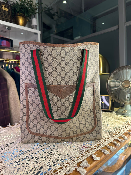 GUCCI VINTAGE 100% Authentic Genuine GG Plus Document Size Shopping Tote Hand Bag, 1990's, Used Condition