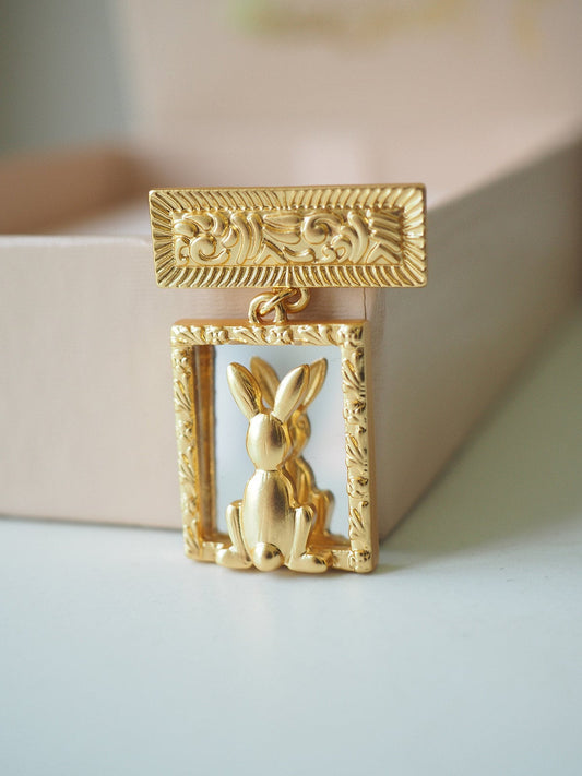 EUROPEAN VINTAGE 100% Authentic Genuine Rabbit with Mirror Brooch in Gold, 1990's