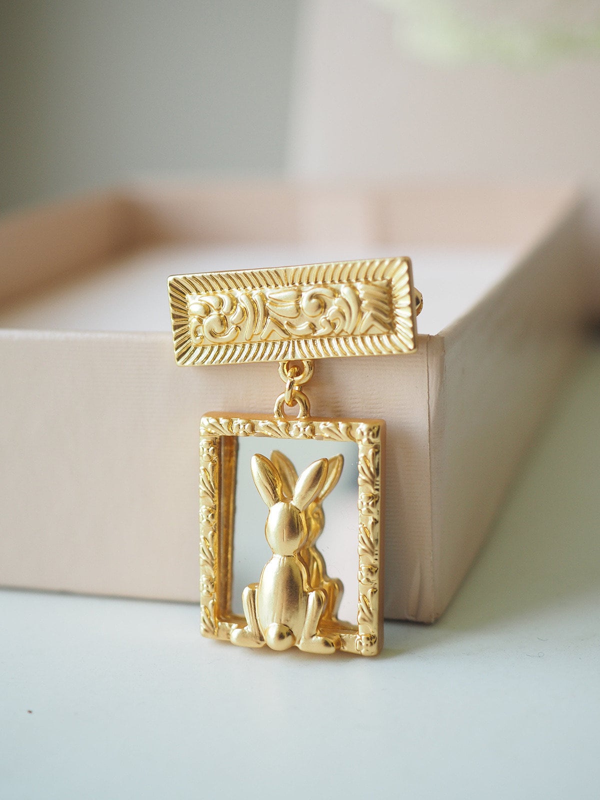 EUROPEAN VINTAGE 100% Authentic Genuine Rabbit with Mirror Brooch in Gold, 1990's
