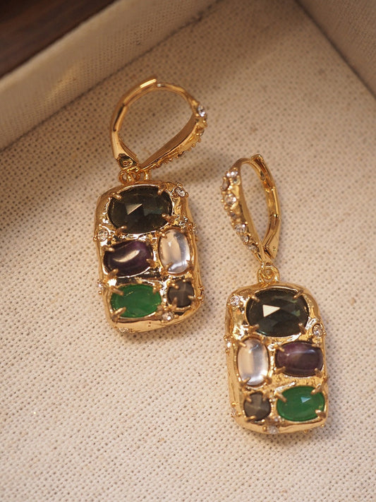 ALEXIS BITTAR VINTAGE 100% Authentic Genuine, Rectangle-shape Multi Natural Stones Clip On Earrings in Gold, 1990's