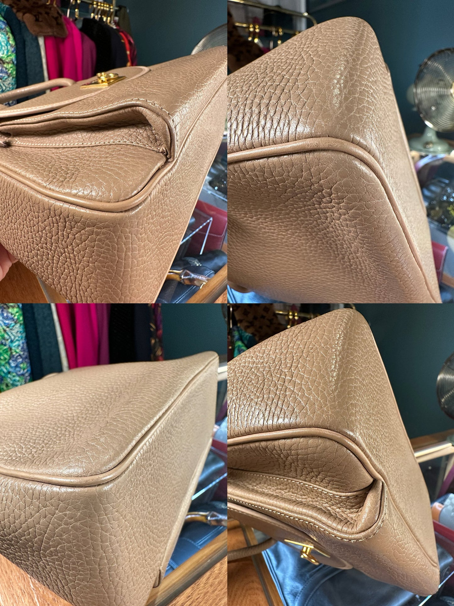 CELINE VINTAGE 100% Authentic Genuine Leather Double Handle Hand Bag, Oat Beige Colour, Late 1990 - Early 2000's, Great Condition