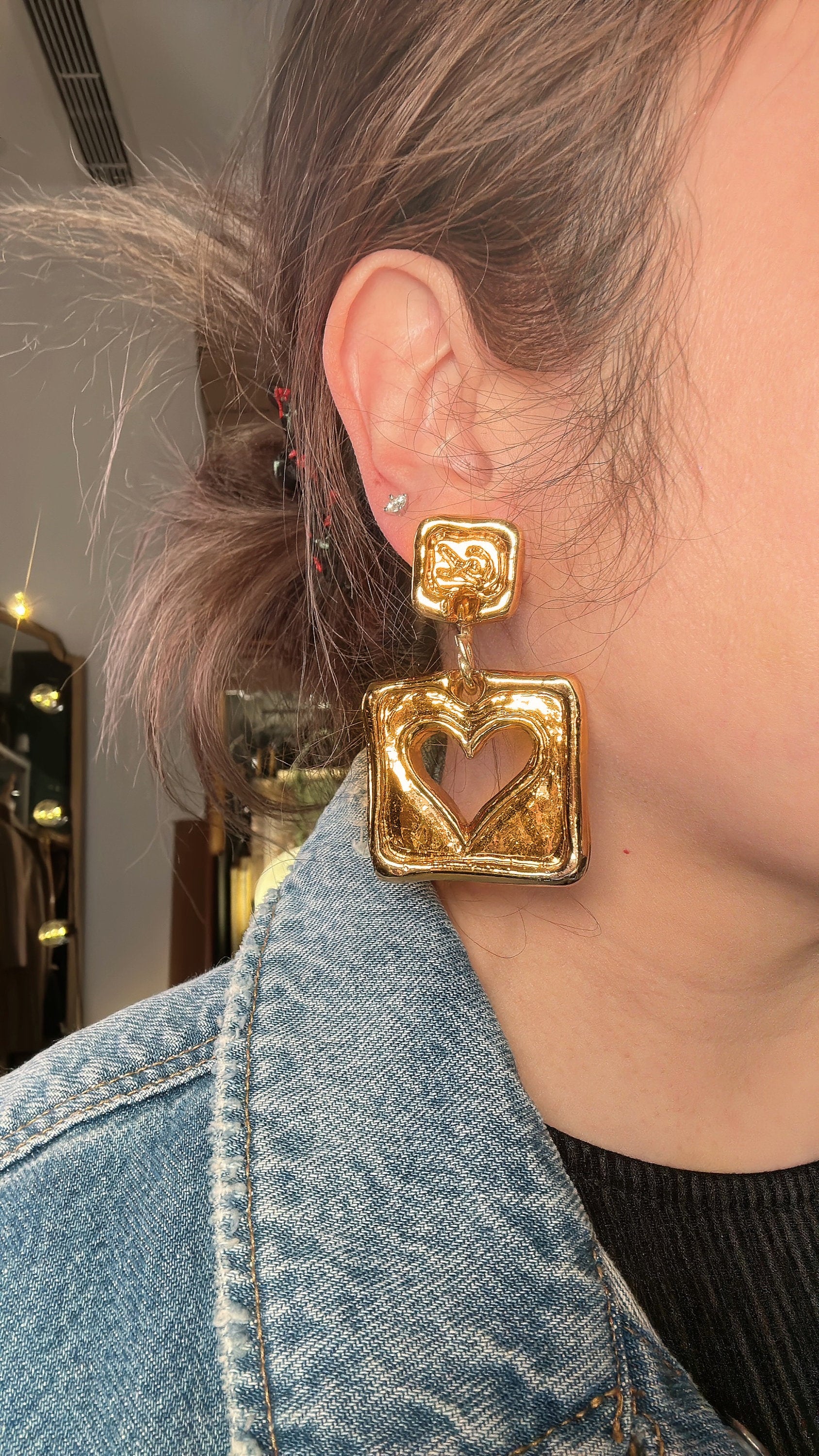 CHRISTIAN LACROIX VINTAGE 100% Authentic Genuine, Clip On Square Gold Earrings With Hollow Heart Shape, 1990's, Great Condition