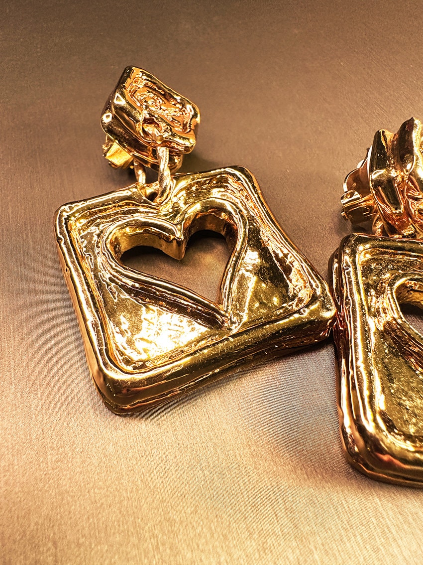 CHRISTIAN LACROIX VINTAGE 100% Authentic Genuine, Clip On Square Gold Earrings With Hollow Heart Shape, 1990's, Great Condition