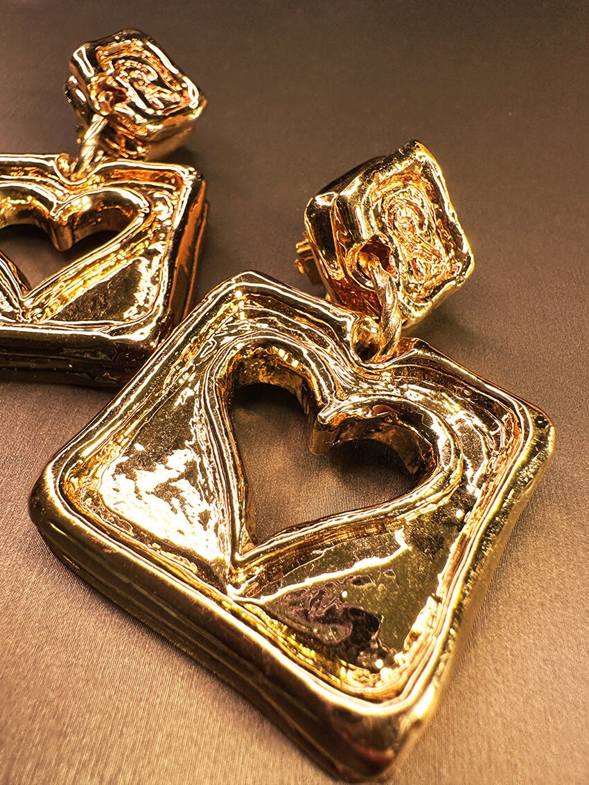 CHRISTIAN LACROIX VINTAGE 100% Authentic Genuine, Clip On Square Gold Earrings With Hollow Heart Shape, 1990's, Great Condition