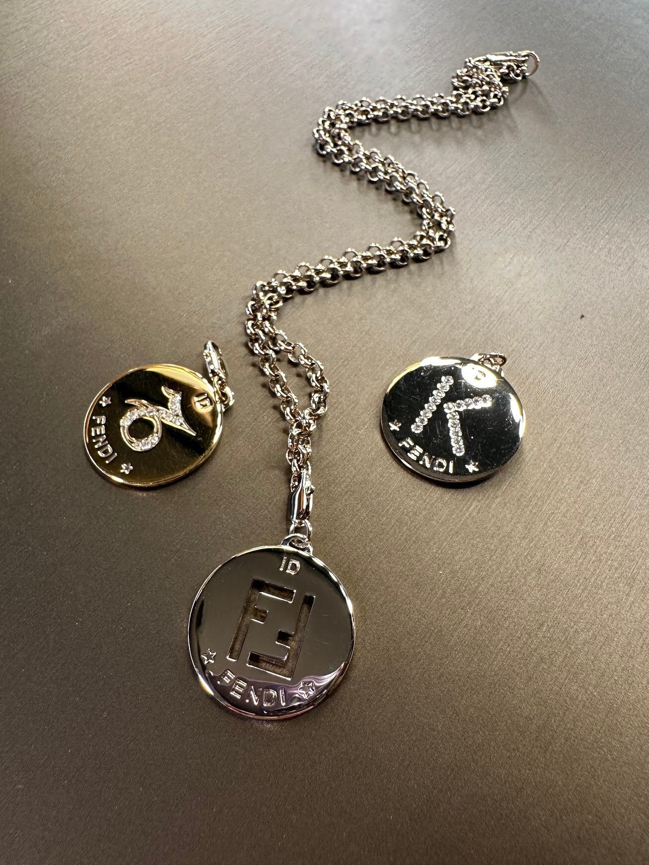 FENDI Vintage 100% Authentic Genuine, ID Identification Tag Necklace with Alphabet "K" and "Capricorn", 1990's