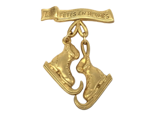 HERMES VINTAGE 100% Authentic Genuine Les Fêtes en Hermès Ice Skates Brooch in Gold, 1990's, Great Condition