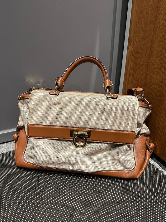 FERRAGAMO VINTAGE 100% Authentic Genuine Large Light Beige Canvas and Tan Leather Two-way Shoulder Bag, 1990's, Great Condition