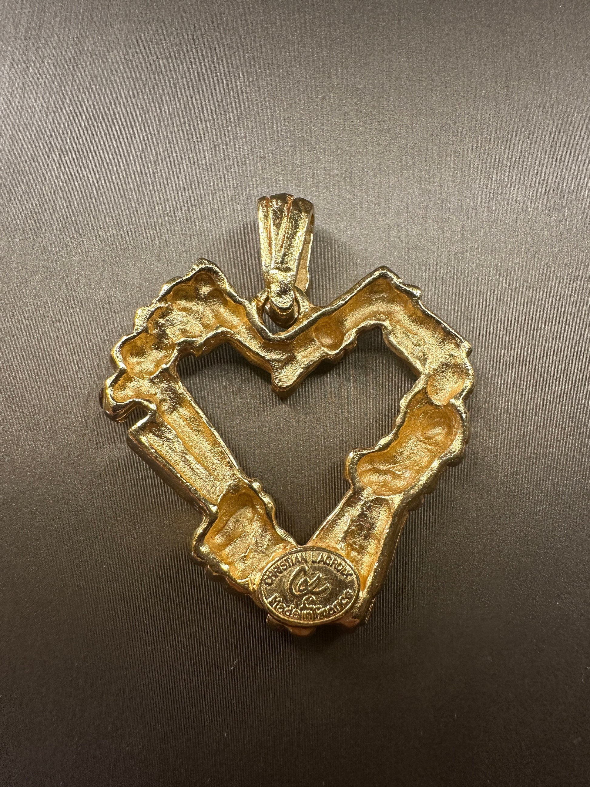 CHRISTIAN LACROIX VINTAGE, 100% Authentic Genuine, Textured Hollow Heart Charm, Gold, 1990s, Great Condition, Rare