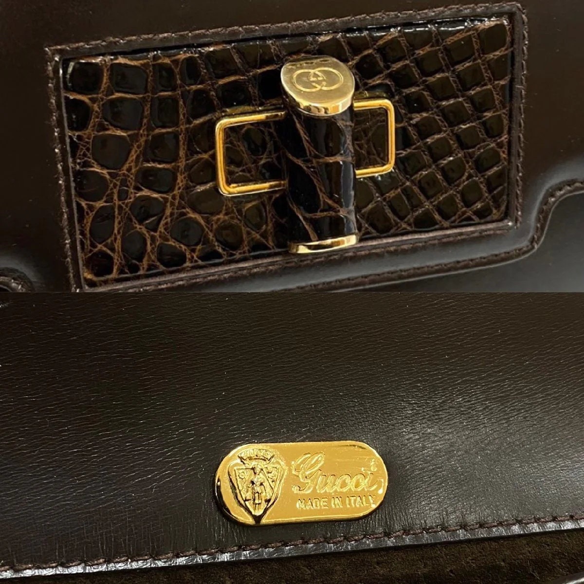 Rare GUCCI VINTAGE 100% Authentic Genuine, Top Handle Turn Lock Handbag, DarkBrown, Great Condition, Grade A