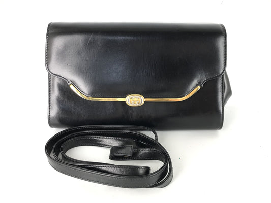 GUCCI VINTAGE 100% Authentic Genuine Leather Shoulder Bag, Black, 1980's, Great Condition, Rare