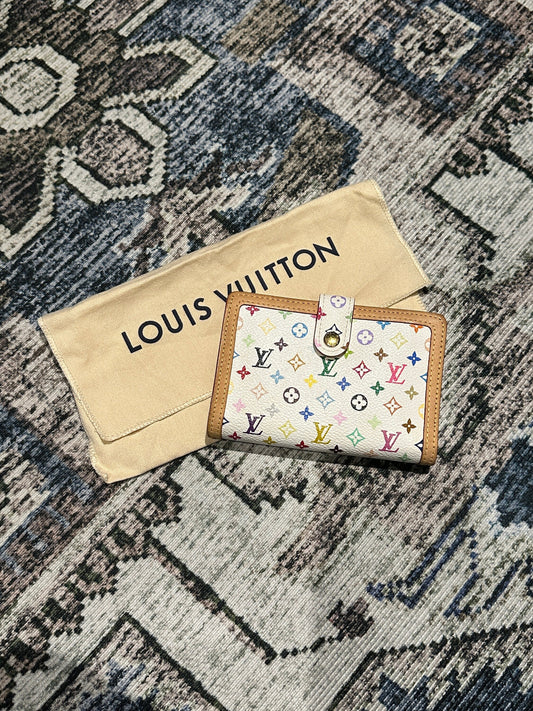 LOUIS VUITTON x Takashi Murakami Vintage 100% Authentic Genuine Short Wallet, Monogram Multi-color on White, Great Condition, Grade SA