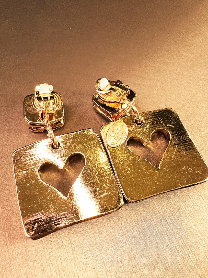 CHRISTIAN LACROIX VINTAGE 100% Authentic Genuine, Clip On Square Gold Earrings With Hollow Heart Shape, 1990's, Great Condition