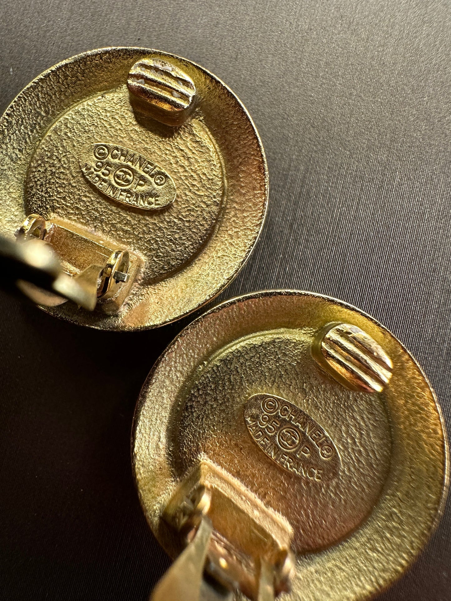 CHANEL VINTAGE 100% Authentic Genuine Clip On Logo Earrings in Gold and Black, with Box, 1995, Made in France