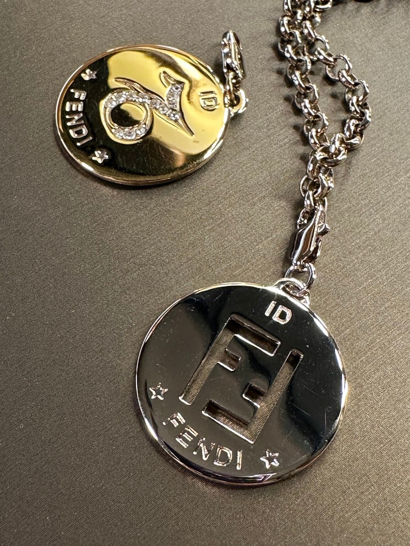 FENDI Vintage 100% Authentic Genuine, ID Identification Tag Necklace with Alphabet "K" and "Capricorn", 1990's