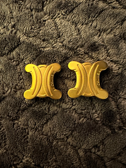 CELINE VINTAGE 100% Authentic Genuine Clip On Logo Earrings in Gold, 1990's, Great Condition