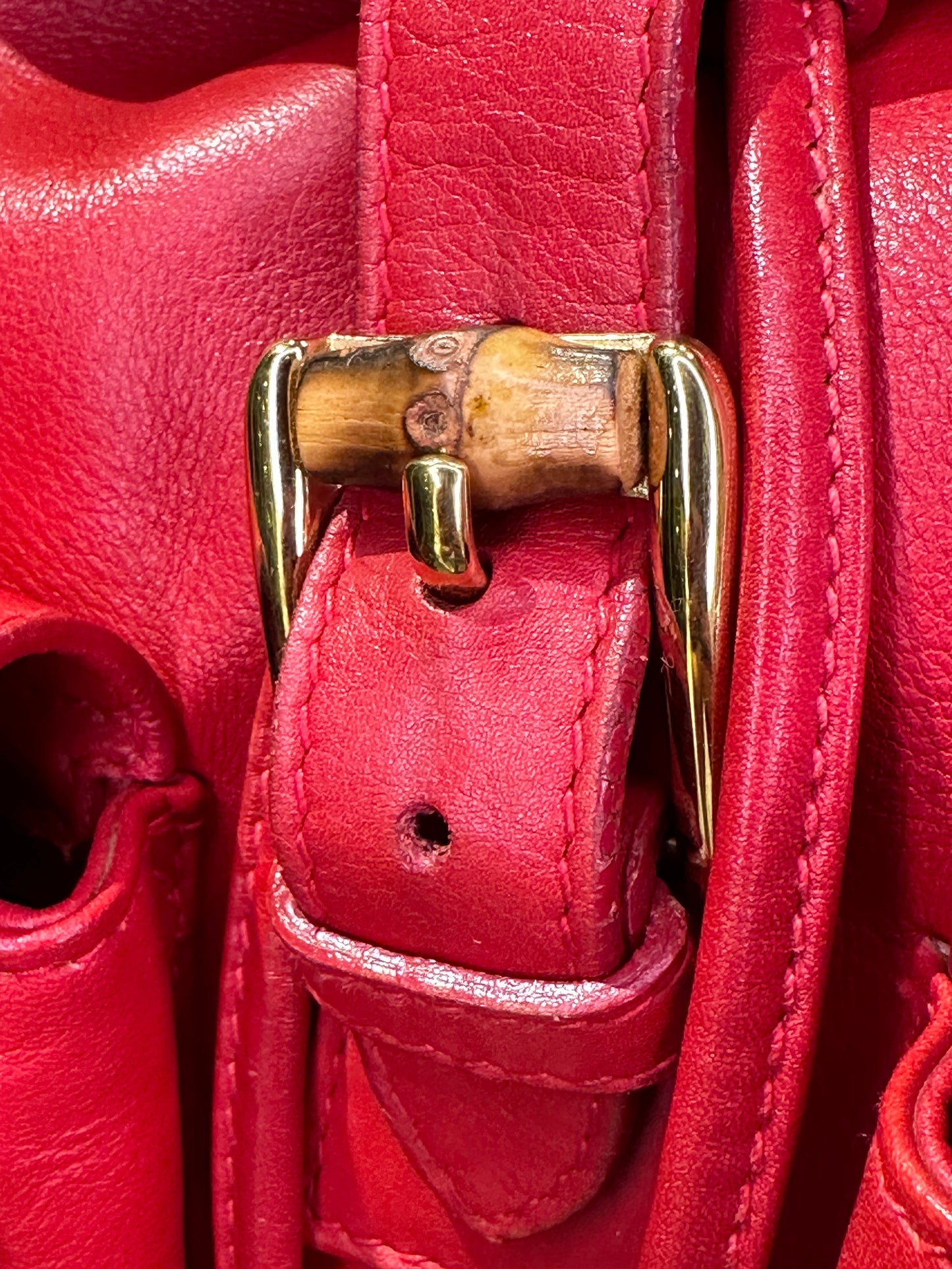 GUCCI VINTAGE 100% Authentic Genuine Leather Iconic Bamboo Handle Backpack, Red, 2000's, Good Condition