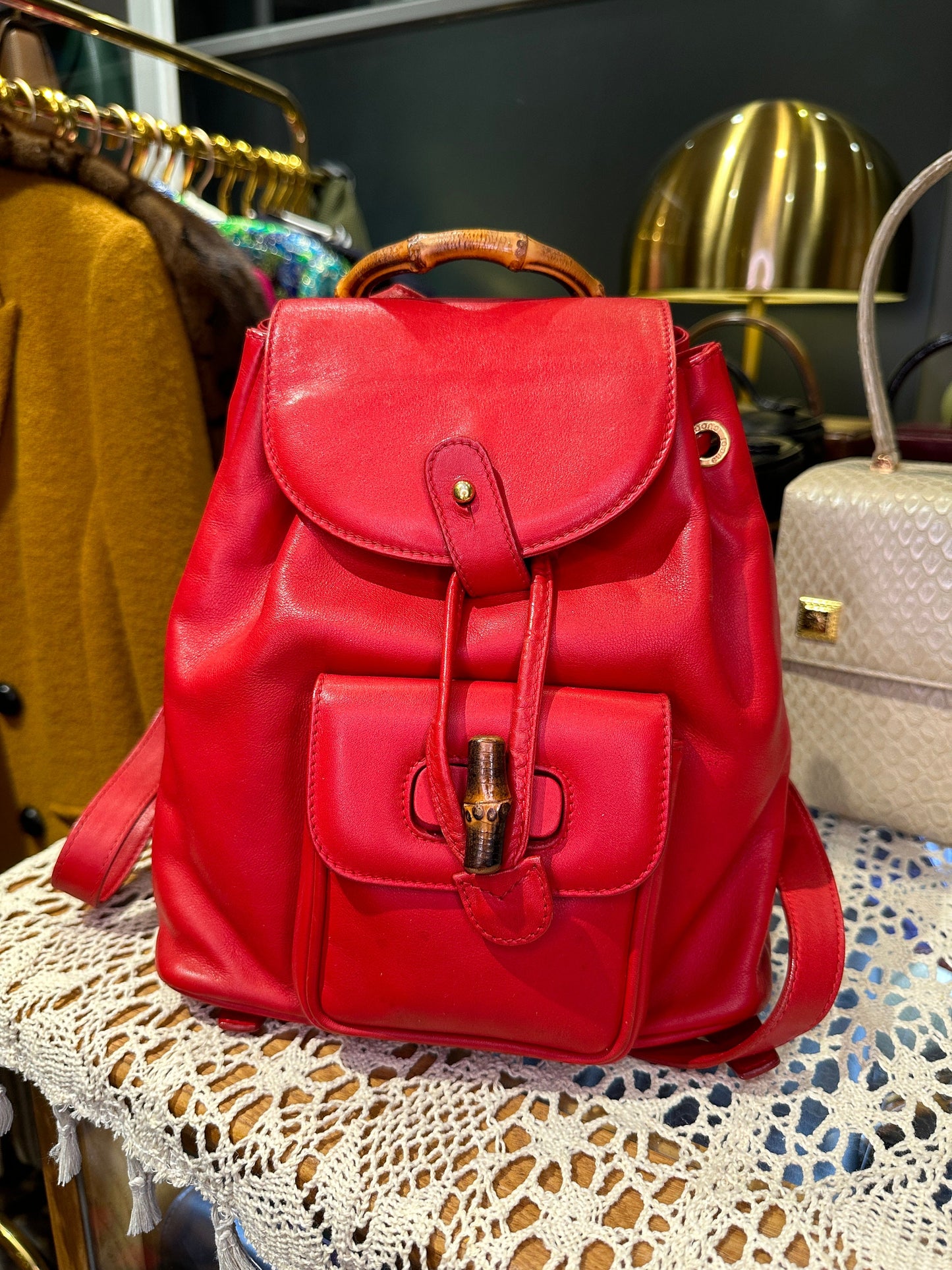 GUCCI VINTAGE 100% Authentic Genuine Leather Iconic Bamboo Handle Backpack, Medium Size, Red, 2000's, Good Condition