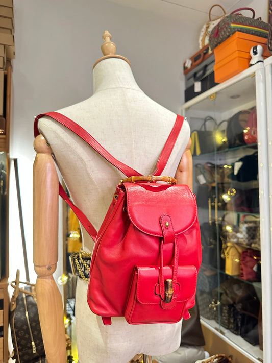 GUCCI VINTAGE 100% Authentic Genuine Leather Iconic Bamboo Handle Backpack, Medium Size, Red, 2000's, Good Condition