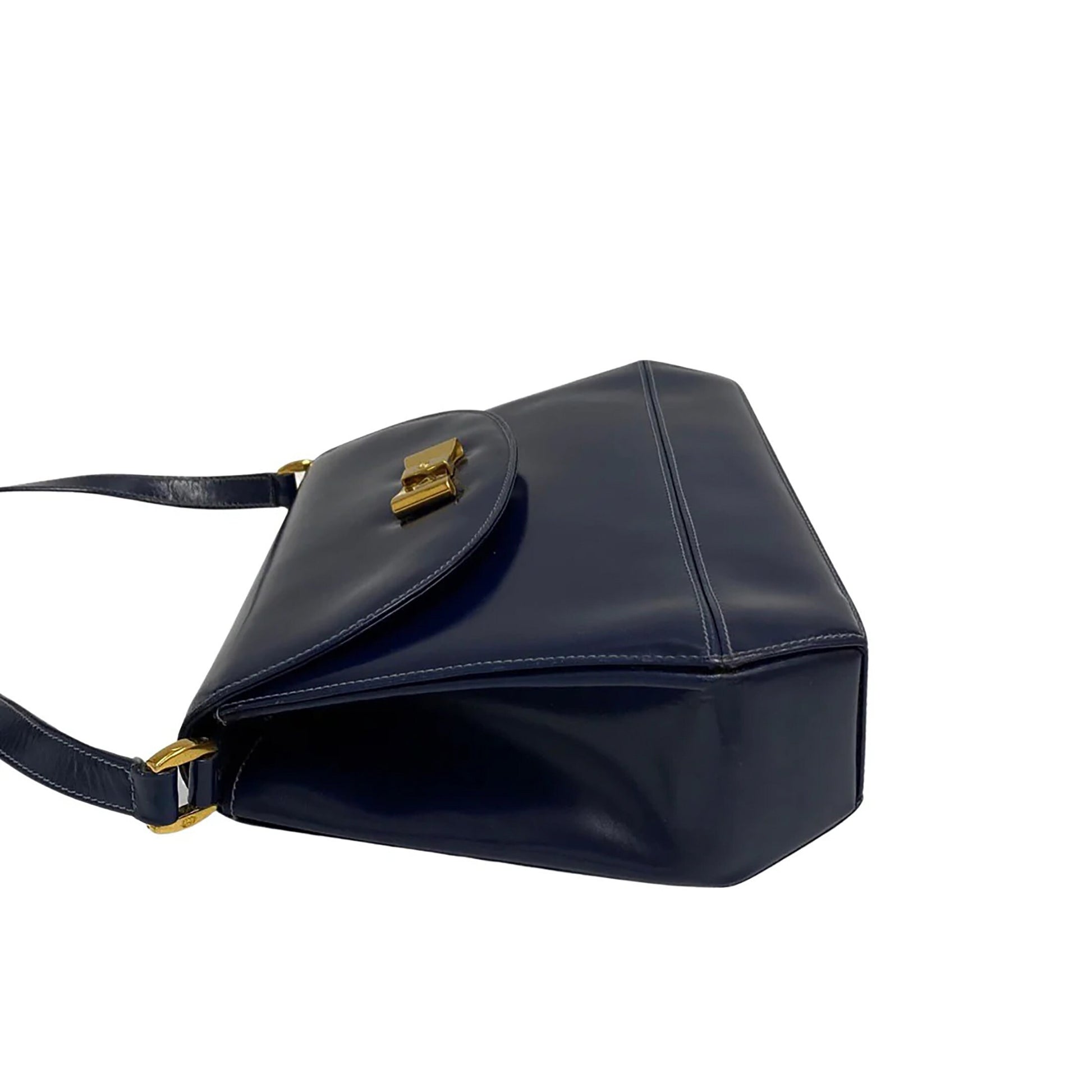 GUCCI VINTAGE 100% Authentic Genuine Leather Shoulder Bag, Gold Bow Shape Buckle, Midnight Blue, late 80's, Great Condition, Rare