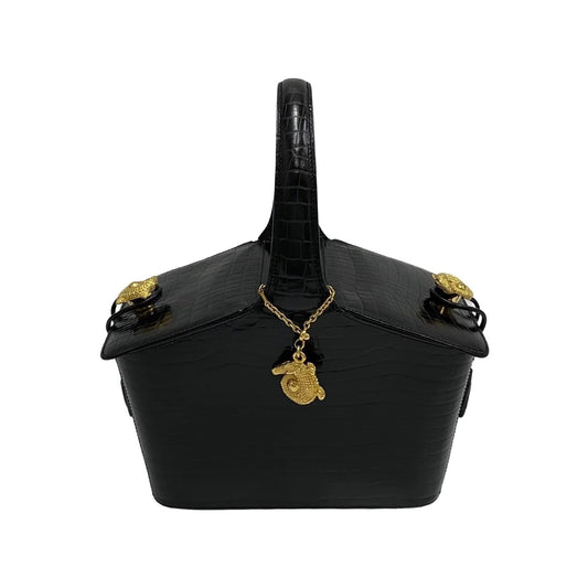 EXTREME Rare CELINE VINTAGE 100% Authentic Genuine, Top Handle Picnic Basket Style Leather Handbag, Black, Great Condition, Grade A