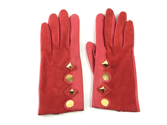 HERMES VINTAGE 100% Genuine Lamb Skin and Suede Gloves, Red, Great Condition, Grade AB