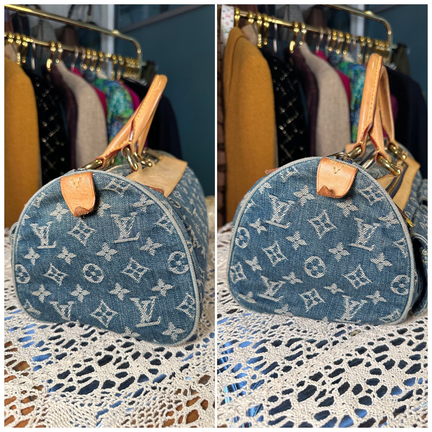 LOUIS VUITTON VINTAGE 100% Authentic Genuine, Double Handle Monogram Denim Handbag, Black Suede, 1990's, Great Condition