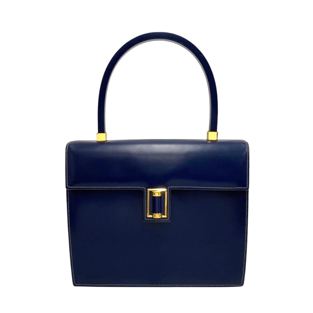 GUCCI VINTAGE 100% Authentic Genuine, Logo Embossed Top Handle Turn Lock Handbag, Dark Blue, Late 1980's - Early 1990's, Great Condition