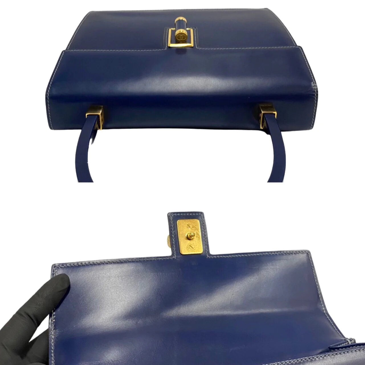 GUCCI VINTAGE 100% Authentic Genuine, Logo Embossed Top Handle Turn Lock Handbag, Dark Blue, Late 1980's - Early 1990's, Great Condition