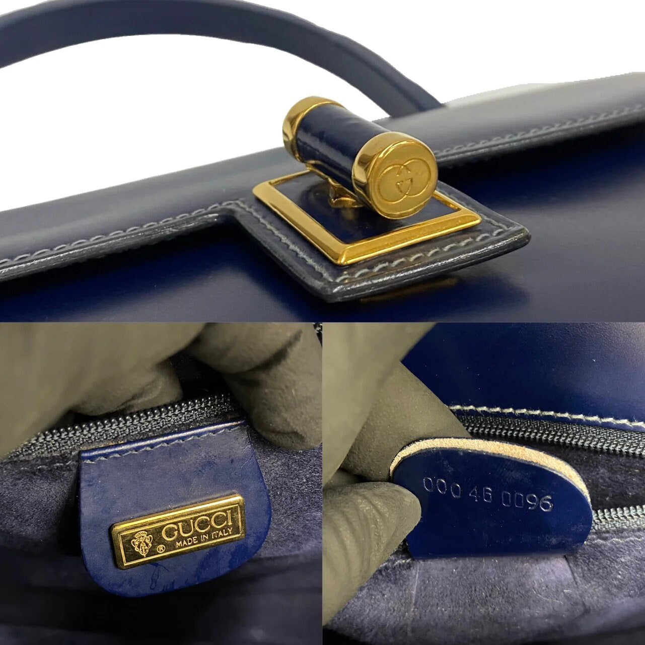 GUCCI VINTAGE 100% Authentic Genuine, Logo Embossed Top Handle Turn Lock Handbag, Dark Blue, Late 1980's - Early 1990's, Great Condition