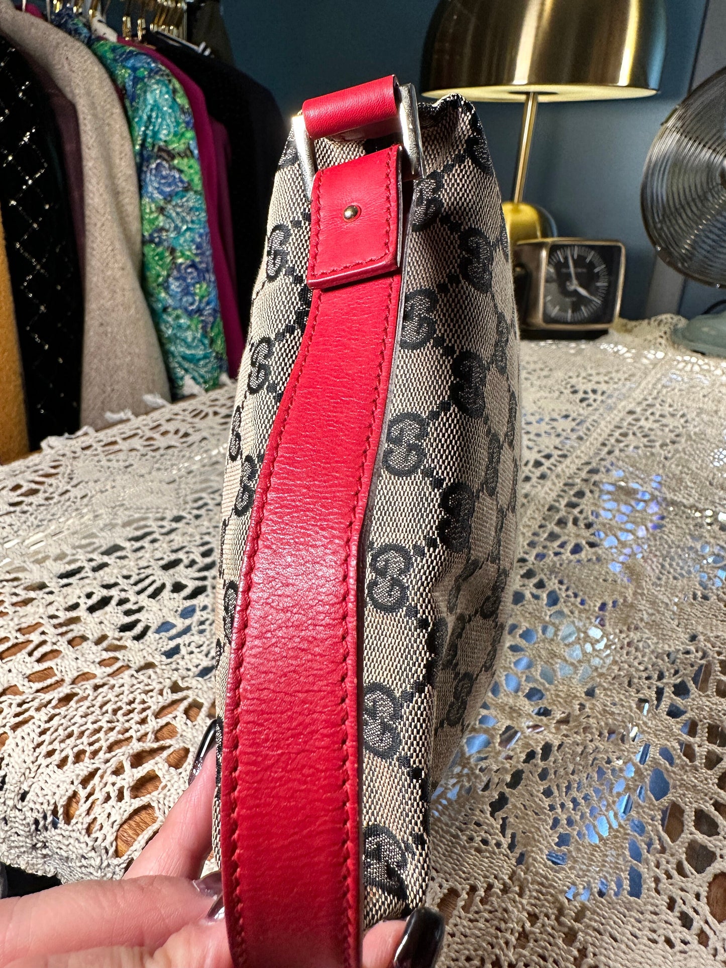 GUCCI VINTAGE 100% Authentic Genuine, Canvas Monogram Handbag with Red Leather Trim, 1990's, Good Condition