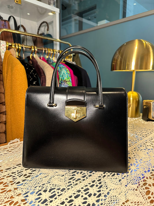 PRADA VINTAGE 100% Authentic Genuine, Top Handle Turn Lock Handbag w/ Original Dust Bag, Black + Yellow, 1990's, Great Condition