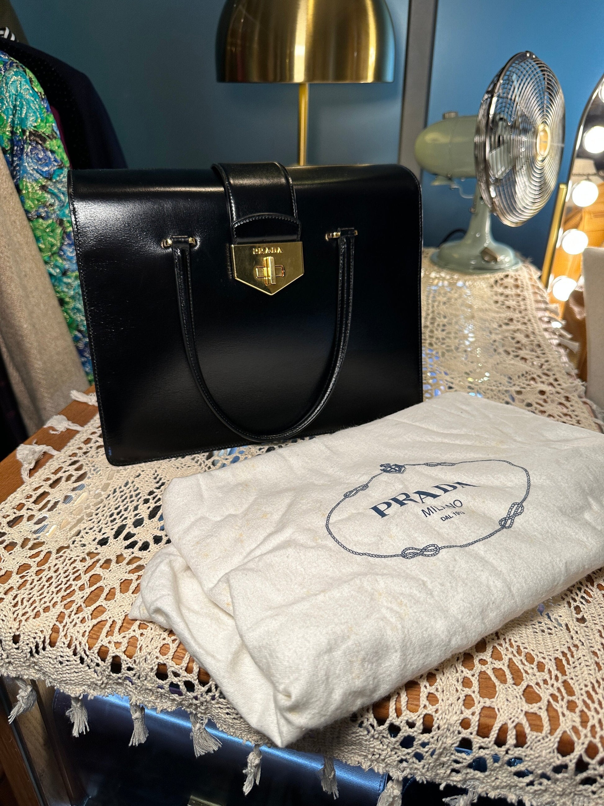PRADA VINTAGE 100% Authentic Genuine, Top Handle Turn Lock Handbag w/ Original Dust Bag, Black + Yellow, 1990's, Great Condition